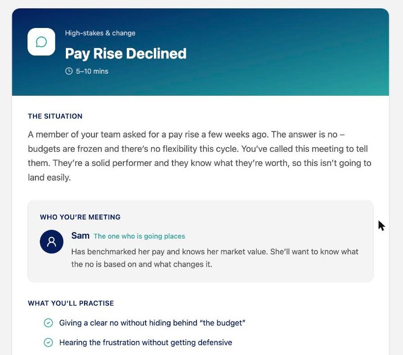 The briefing page for Pay Rise Declined: the situation, who you are meeting, what you will practise