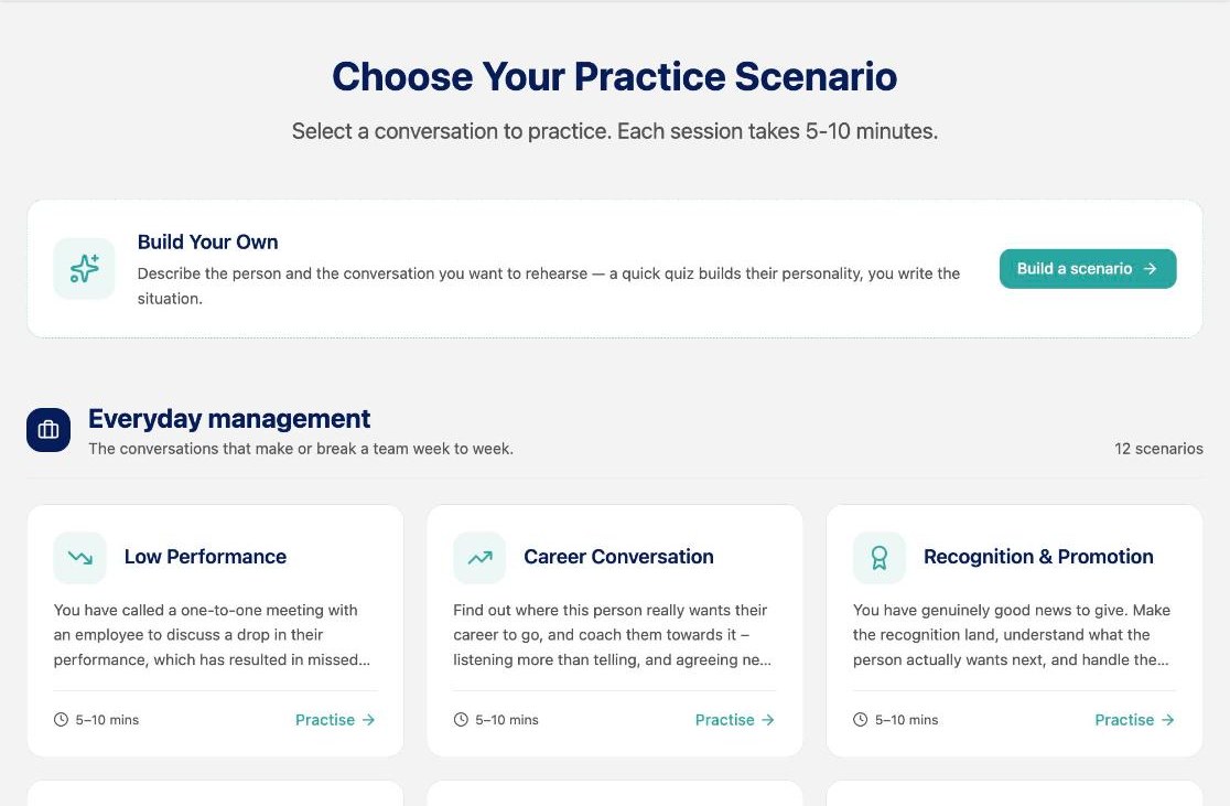 The practice page: scenario cards grouped under Everyday management